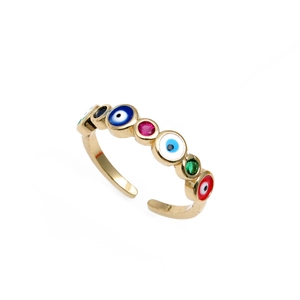 18K gold plated adjustable open ring featuring colorful evil eye motifs and zircon accents