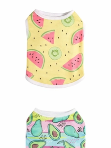 Detail of dog summer vest with watermelon and avocado fruit prints on polyester fabric