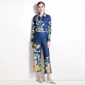 Royal blue floral print set with long sleeve shirt and wide-leg pants for women