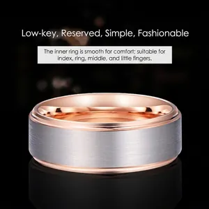 Men's two-tone tungsten steel ring with rose gold interior and brushed silver surface