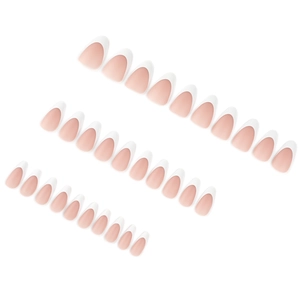 Classic French tip almond press-on nails in nude pink and white matte finish