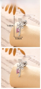 Macro shot of silver bow heart cartilage earring showing dimensions 1.43cm by 0.58cm