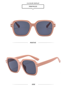 Pink square sunglasses with black lenses shown from front and side view on white background