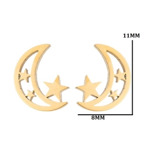 Gold hollow star and crescent moon stud earrings for women, minimalist 11mm x 8mm size