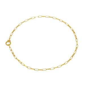 Detail of gold rectangular link paperclip chain with a round spring clasp closure