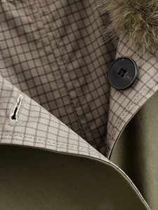 Detail view of army green trench coat with plaid lining and detachable brown fur collar