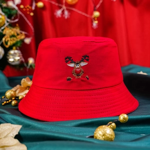 Christmas Reindeer Embroidery Bucket Hat Cotton Red Wide Brim Holiday Sun Protection Casual For Women Men