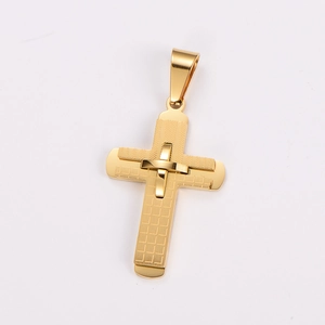 Detail shot of the gold-toned double-layered cross pendant with unique grid texture