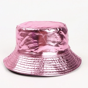 Detailed view of shiny metallic pink faux leather bucket hat with glossy patent finish