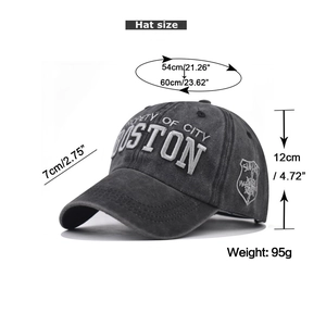 Guide des tailles détaillé pour casquette Boston en coton délavé avec broderie et mesures