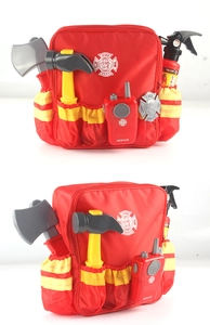 Detailed view of kids firefighter costume kit with backpack, extinguisher, and plastic tools