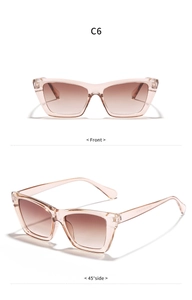 Front and side views of pink cat eye sunglasses with gradient brown lenses