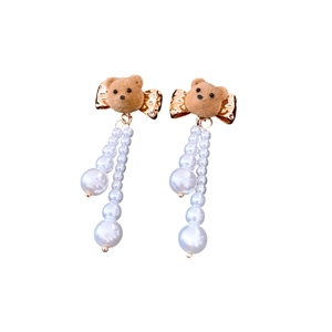 18K gold plated brown flocked bear earrings with elegant white pearl tassels