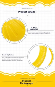 Close-up of yellow EVA foam dog toy featuring non-slip matte texture and floating material