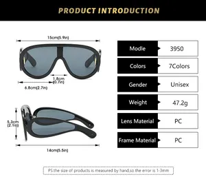 Detailed dimension guide for Y2K oversized sunglasses showing frame width and lens size