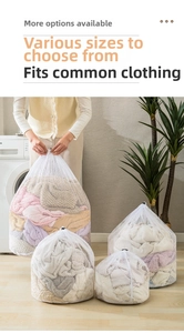 Mesh laundry bags in multiple sizes shown with clothes in a home washing machine setting
