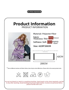 Size chart and technical specifications for the purple striped soft plush long scarf