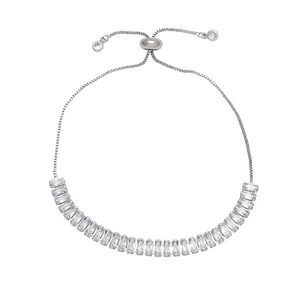 Minimalist adjustable silver bracelet with baguette-cut cubic zirconia and box chain