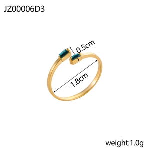 Detailed view of golden open ring with green zircon stones including size and weight specs