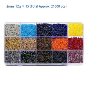 Top view of 15-compartment organizer box with 2mm colorful glass seed beads set