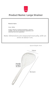 Detailed size specifications for large white nylon slotted spoon showing 35.3cm length