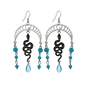 Gothic silver crescent moon snake earrings with blue crystal beads and stars