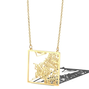 Minimalist square hollow city map necklace in gold finish with delicate cutout pattern