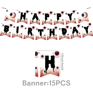 Macro detail of Halloween eyeball birthday banner with 15 bloody swallowtail flags