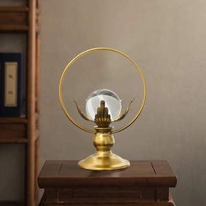 Zen style crystal ball ornament with gold lotus metal stand for home entryway decor