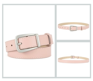 Detailed views of a pink leather belt with a silver square buckle on a white backdrop