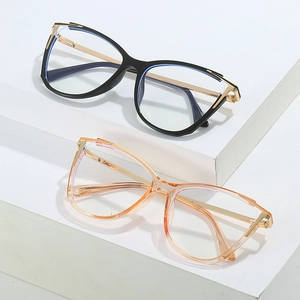 Detailed view of cat-eye TR90 frames with metallic temples in black and orange colors