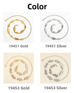 Detail of diamond pattern waist chains in gold and silver with lobster clasp and extension