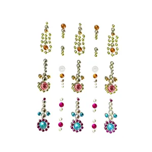 Close-up of DIY acrylic face gems with rhinestones and pearls in various colorful patterns