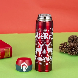 Christmas red stainless steel thermos with reindeer patterns and bounce lid for gifts