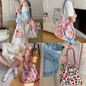 Women Canvas Tote Bag Floral Print Large Capacity Aesthetic Korean Style Shoulder Handbag Woven Rope Handle Casual Shopping