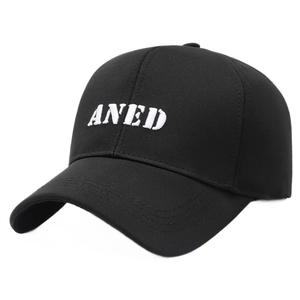 Classic black baseball cap with white ANED embroidery, featuring a six-panel cotton design