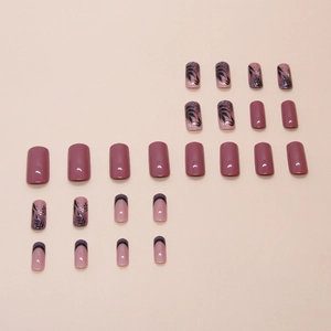 Square long purple leaf press-on nails with leaf patterns and shimmering finish