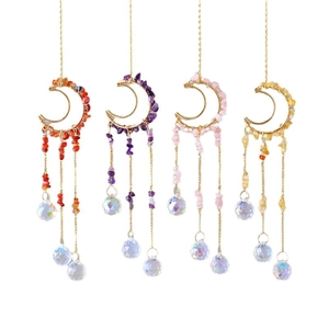 Set of four moon-shaped suncatchers with handmade gold wire, crystals, and healing stones