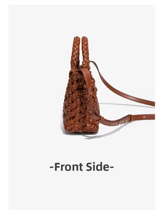 Close-up of the woven texture and side profile of the brown leather crossbody tote bag
