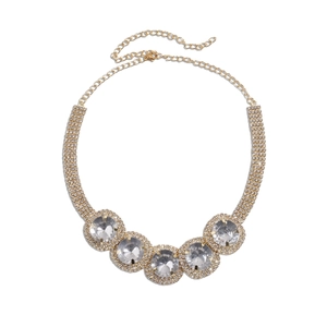 Exaggerated gold necklace with five large round rhinestones and micro-pave accents