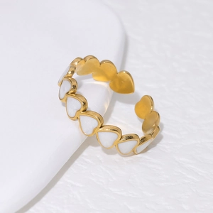 Minimalist 18K gold plated stainless steel open ring with continuous white heart motifs