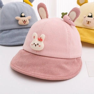Kids corduroy bucket hat with cartoon ears and drawstrings in pink, blue and yellow