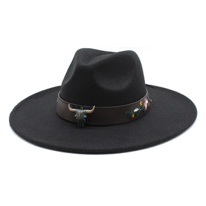 Wide Brim Fedora Hat Wool Felt Western Cowboy Style With Metal Steer Skull And Flower Embroidery Ethnic Style