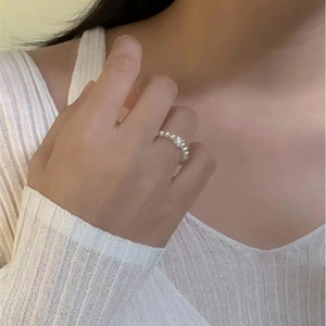 French Vintage Beaded Artificial Pearl Ring With Square Round Zircon Elegant Minimalist Fashion Jewelry For Women Gift