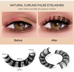 Detail view of 8-15mm natural curling Russian D-curl eyelashes with before and after effect