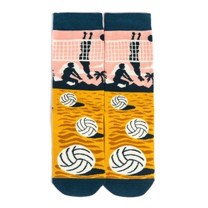 Detailed beach volleyball scene embroidery on navy cotton crew socks with vibrant colors