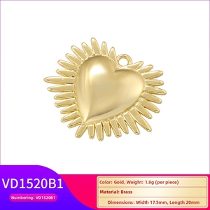 Macro detail of sunburst heart pendant in gold plated brass with 17.5x20mm dimensions