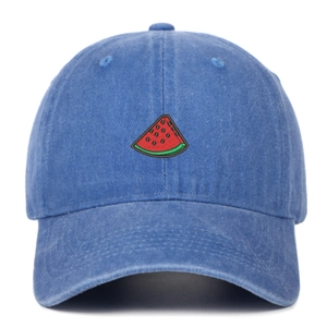 Macro detail of watermelon embroidery on washed cotton vintage baseball cap