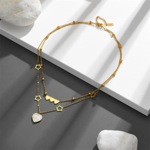 Double-layered 18k gold plated stainless steel necklace with heart and star pendants