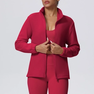 Deep red yoga sports jacket with high collar and zipper details on high-elastic fabric